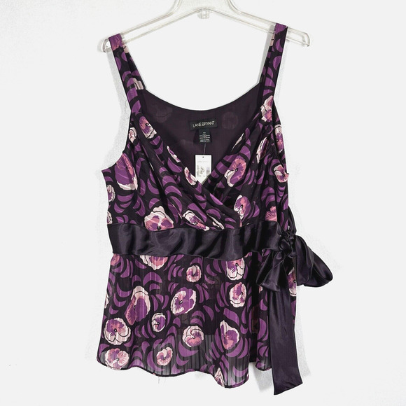 Lane Bryant Top Tank Plus 22 Satin Tie Waist Purple Floral Summer Top NEW - Picture 1 of 10